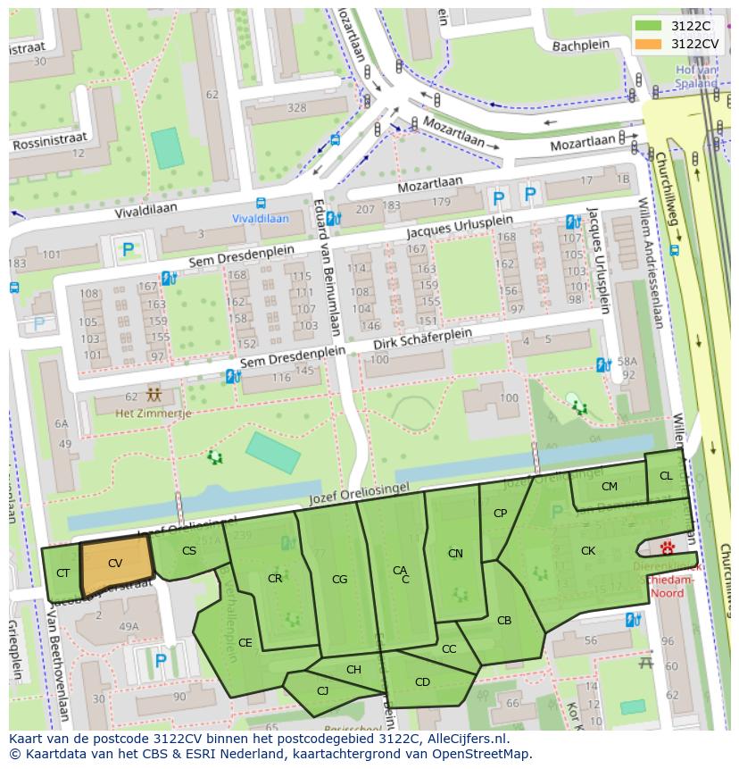 Afbeelding van het postcodegebied 3122 CV op de kaart.