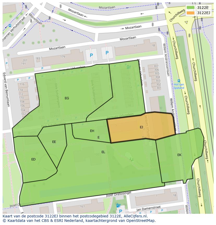 Afbeelding van het postcodegebied 3122 EJ op de kaart.