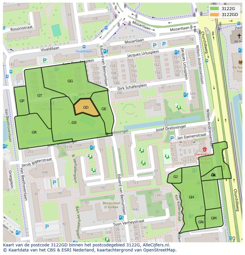 Afbeelding van het postcodegebied 3122 GD op de kaart.