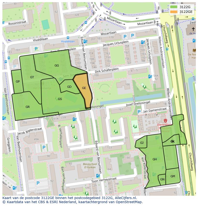 Afbeelding van het postcodegebied 3122 GE op de kaart.