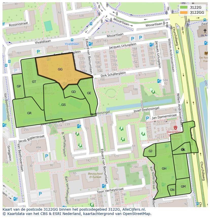 Afbeelding van het postcodegebied 3122 GG op de kaart.