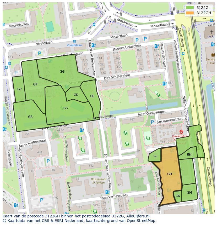 Afbeelding van het postcodegebied 3122 GH op de kaart.