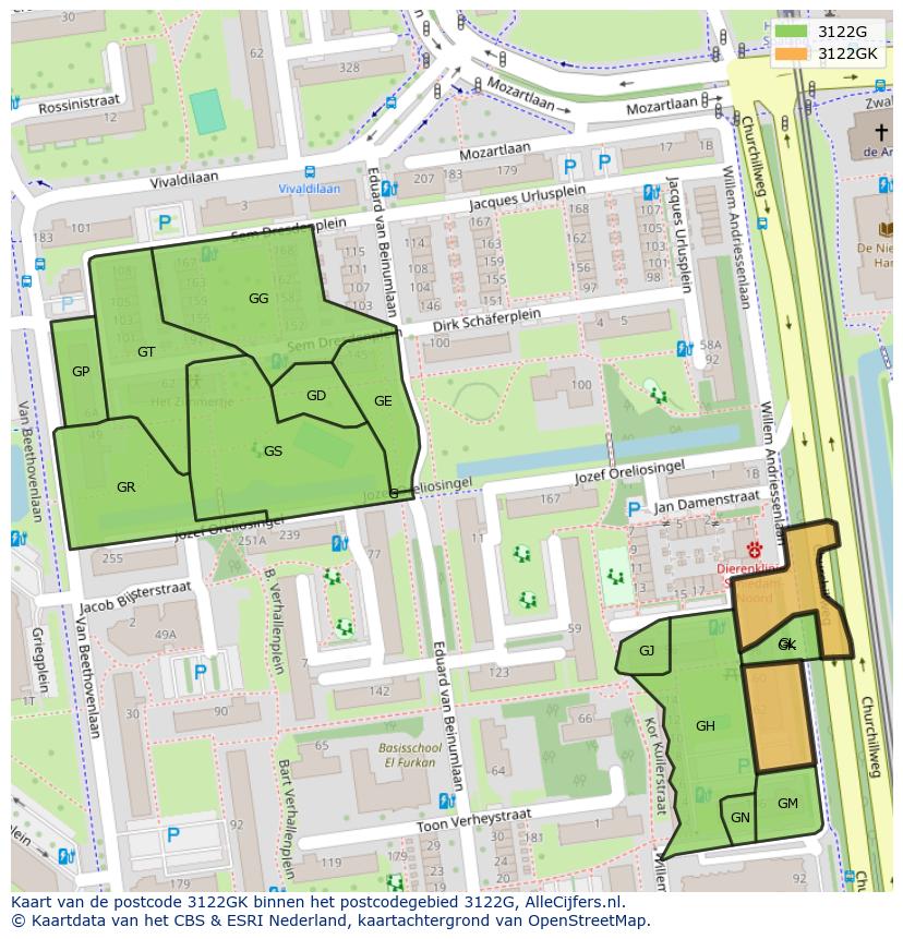 Afbeelding van het postcodegebied 3122 GK op de kaart.