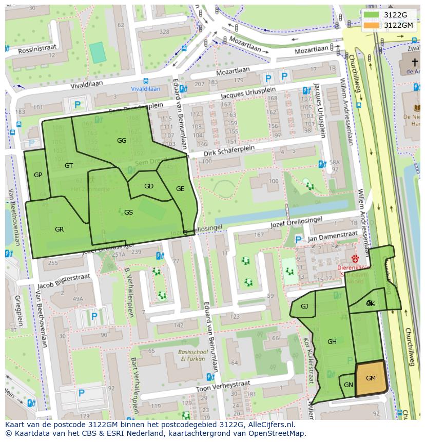 Afbeelding van het postcodegebied 3122 GM op de kaart.