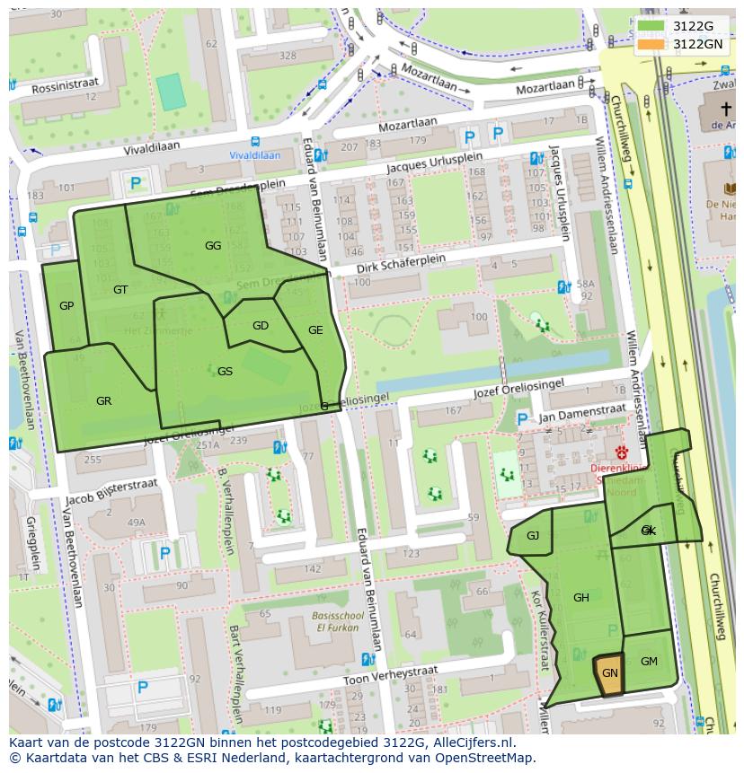Afbeelding van het postcodegebied 3122 GN op de kaart.