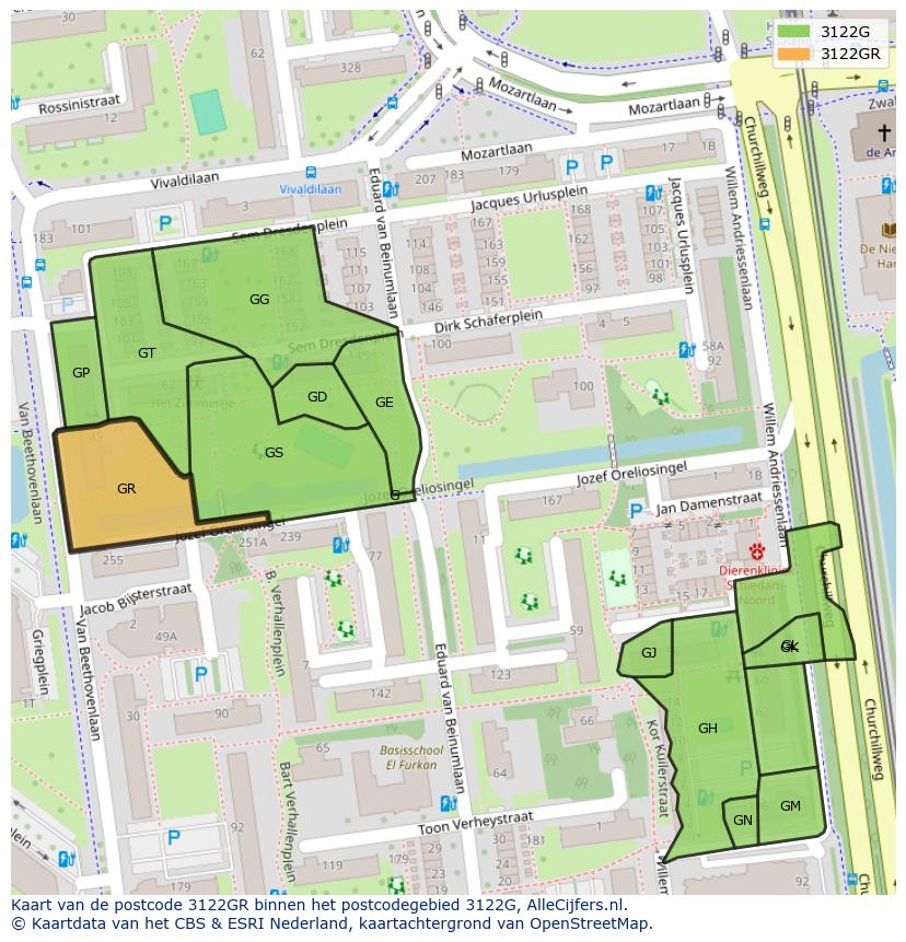 Afbeelding van het postcodegebied 3122 GR op de kaart.