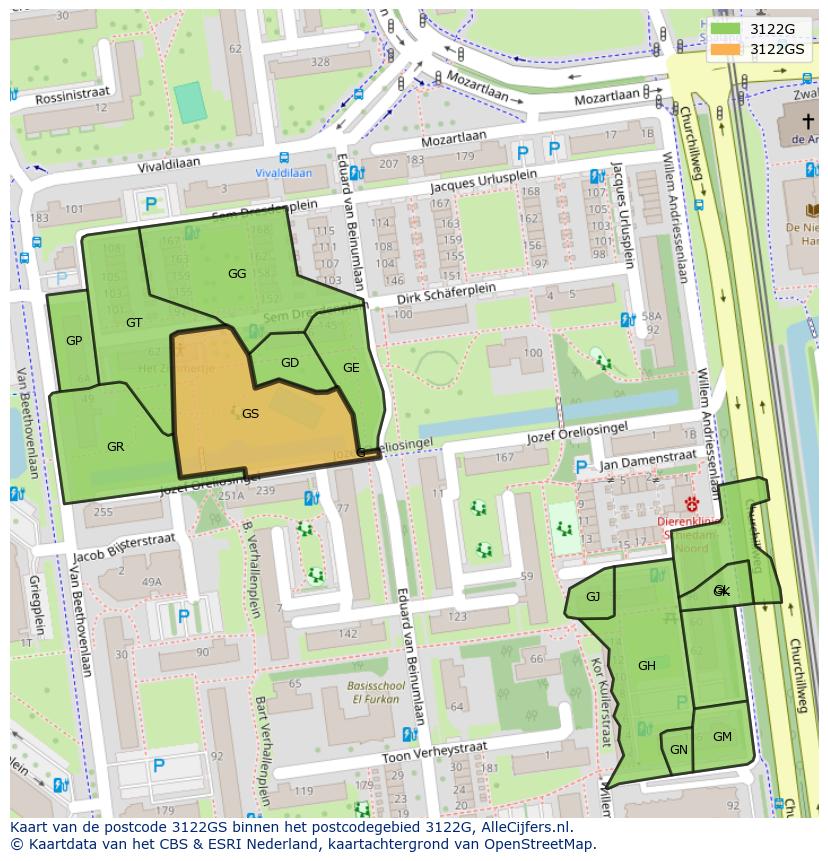 Afbeelding van het postcodegebied 3122 GS op de kaart.