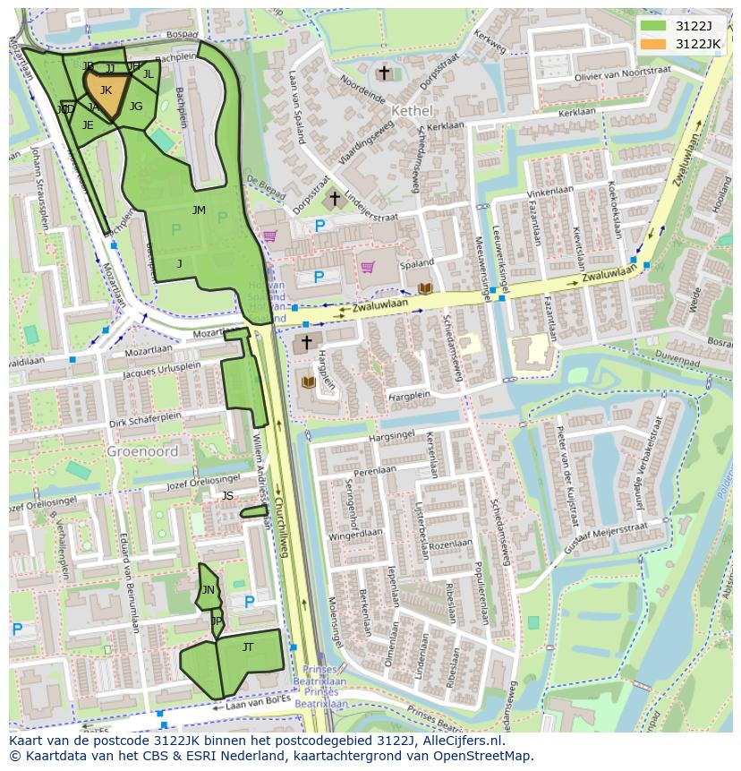 Afbeelding van het postcodegebied 3122 JK op de kaart.