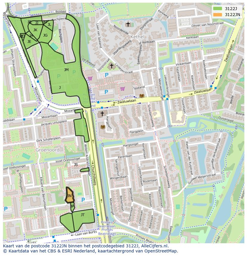 Afbeelding van het postcodegebied 3122 JN op de kaart.