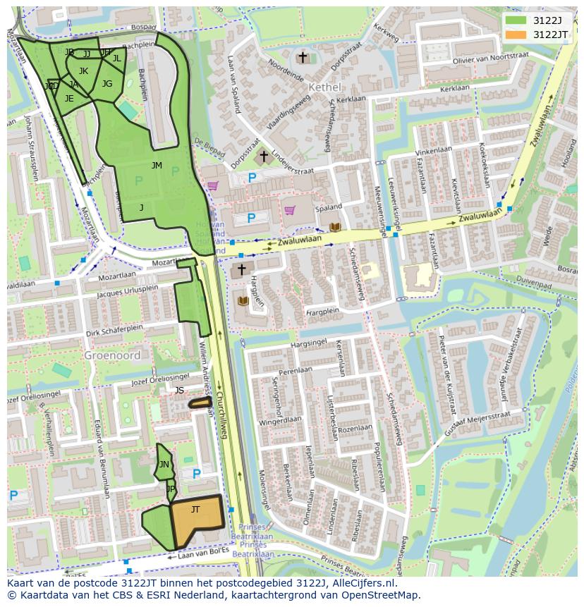 Afbeelding van het postcodegebied 3122 JT op de kaart.