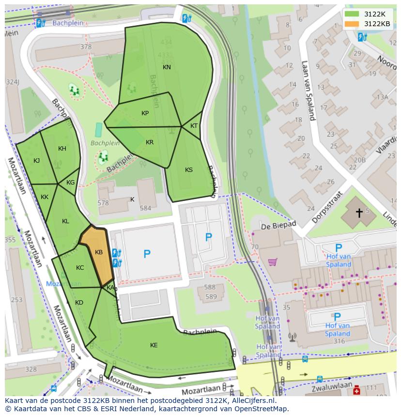 Afbeelding van het postcodegebied 3122 KB op de kaart.