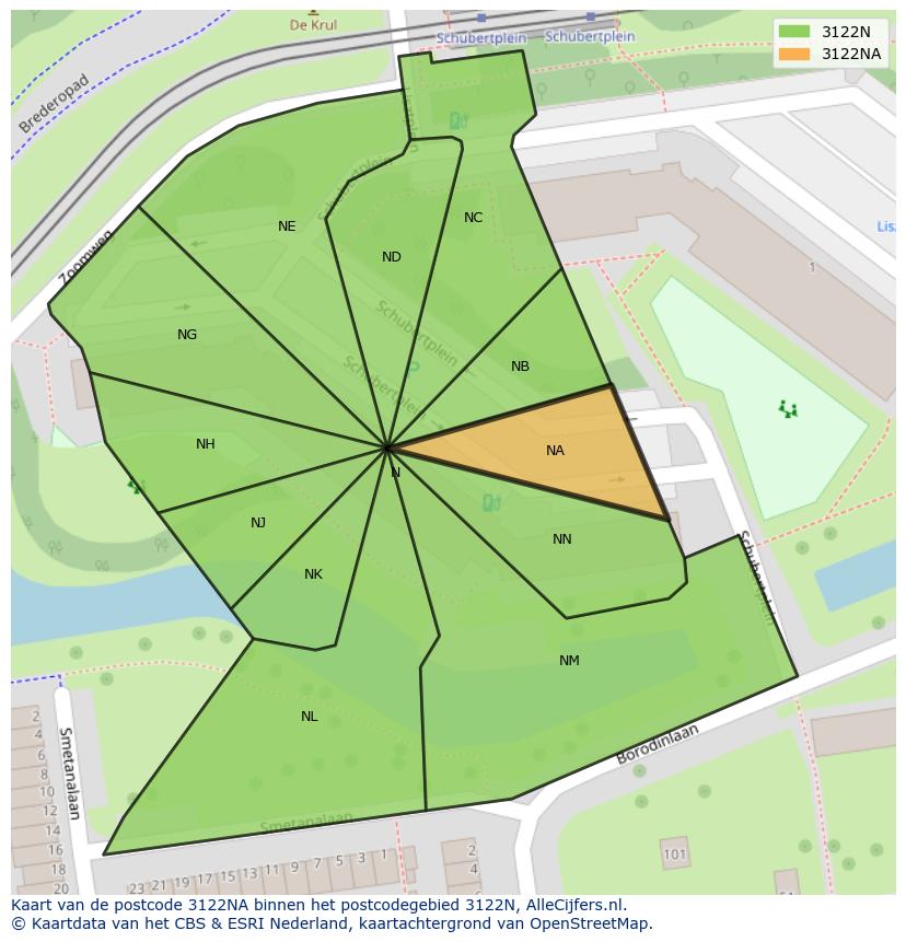 Afbeelding van het postcodegebied 3122 NA op de kaart.