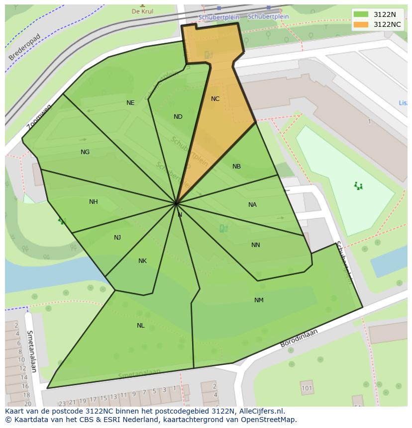 Afbeelding van het postcodegebied 3122 NC op de kaart.