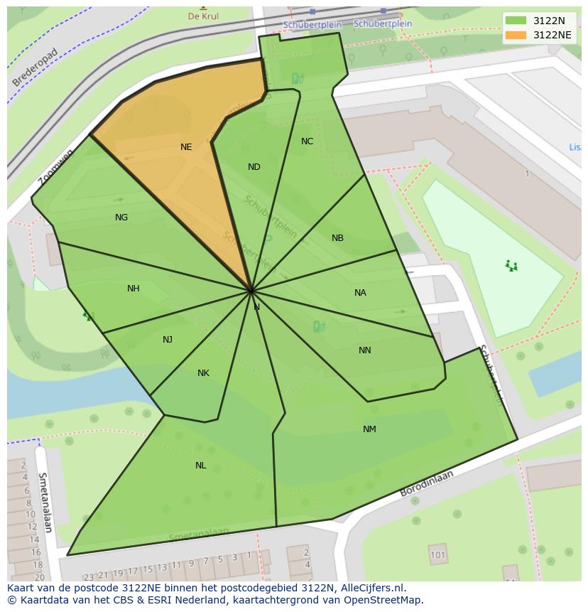 Afbeelding van het postcodegebied 3122 NE op de kaart.