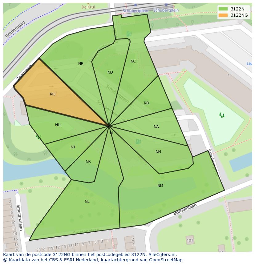 Afbeelding van het postcodegebied 3122 NG op de kaart.
