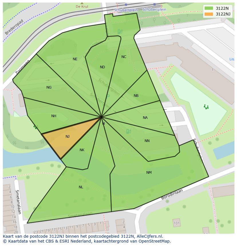 Afbeelding van het postcodegebied 3122 NJ op de kaart.