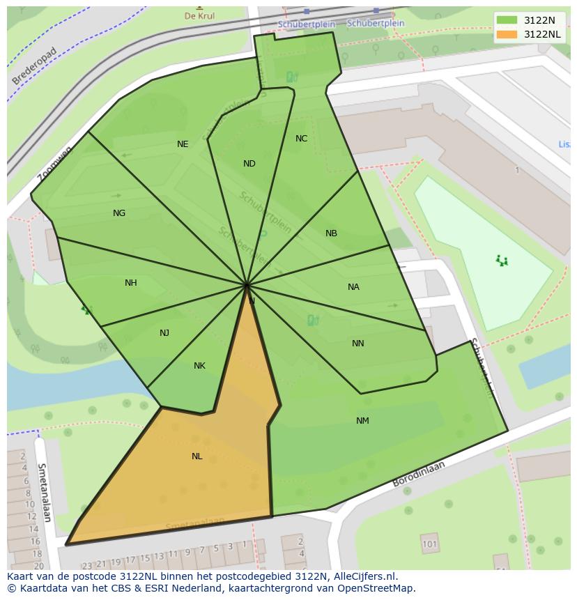 Afbeelding van het postcodegebied 3122 NL op de kaart.