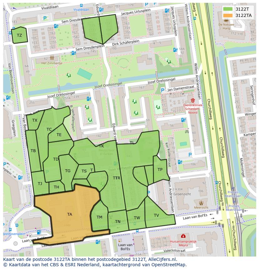 Afbeelding van het postcodegebied 3122 TA op de kaart.