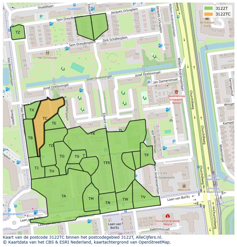Afbeelding van het postcodegebied 3122 TC op de kaart.