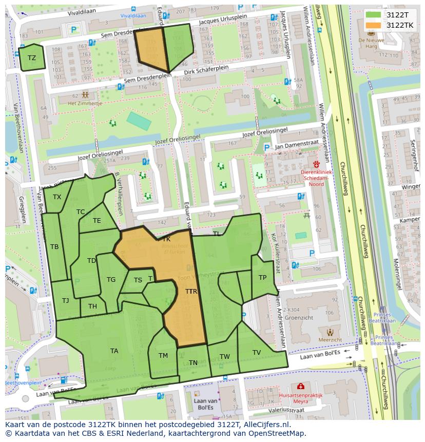 Afbeelding van het postcodegebied 3122 TK op de kaart.