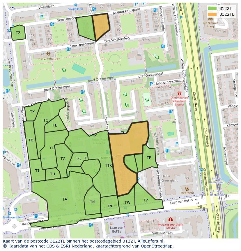 Afbeelding van het postcodegebied 3122 TL op de kaart.