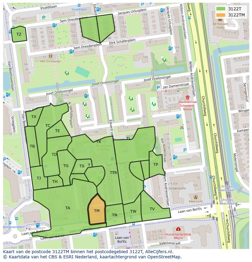 Afbeelding van het postcodegebied 3122 TM op de kaart.