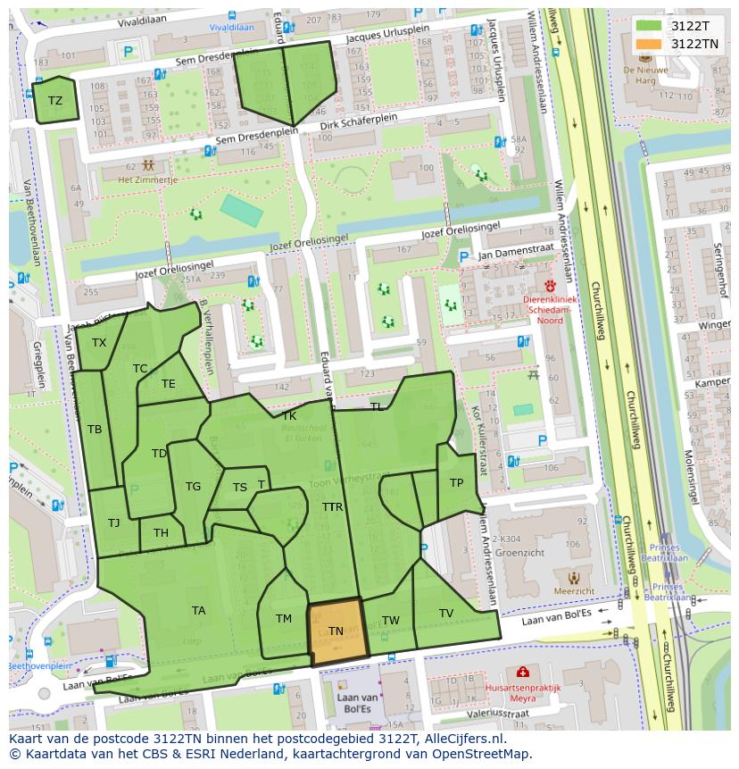 Afbeelding van het postcodegebied 3122 TN op de kaart.