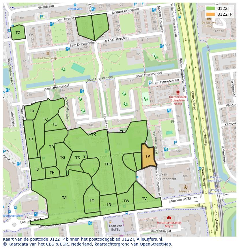 Afbeelding van het postcodegebied 3122 TP op de kaart.