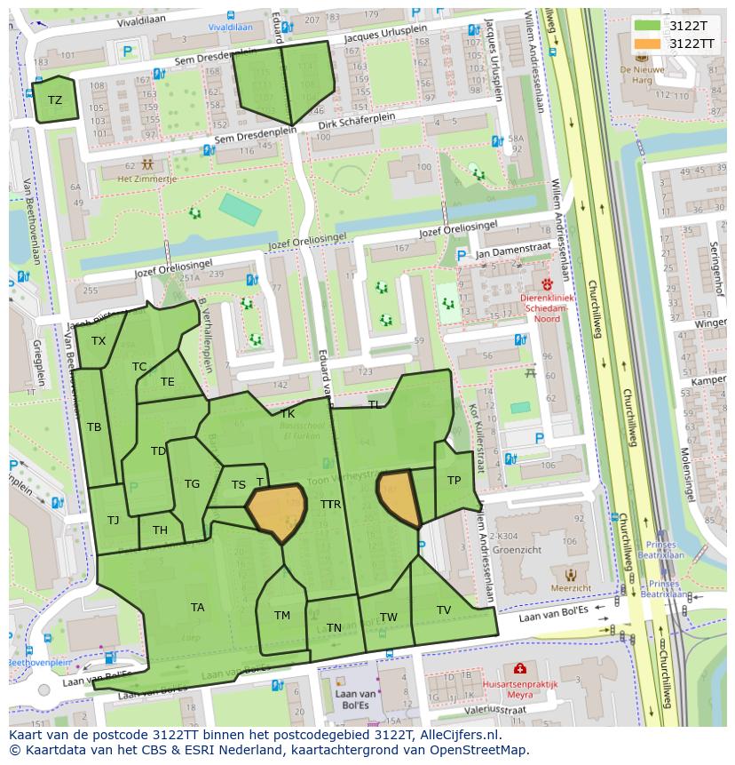 Afbeelding van het postcodegebied 3122 TT op de kaart.