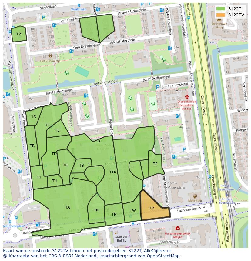 Afbeelding van het postcodegebied 3122 TV op de kaart.