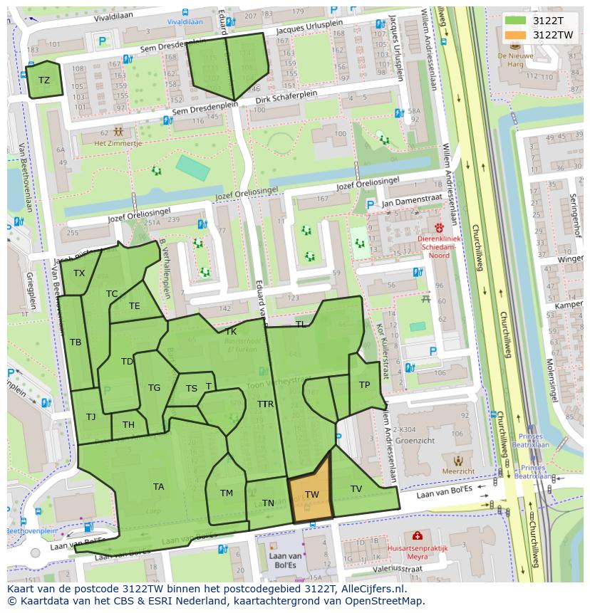 Afbeelding van het postcodegebied 3122 TW op de kaart.
