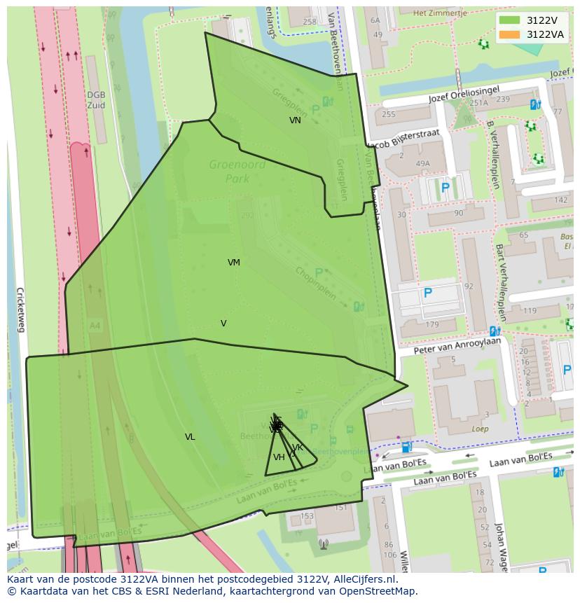 Afbeelding van het postcodegebied 3122 VA op de kaart.