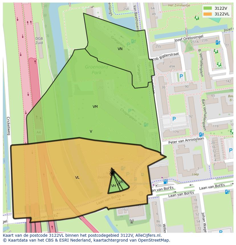 Afbeelding van het postcodegebied 3122 VL op de kaart.