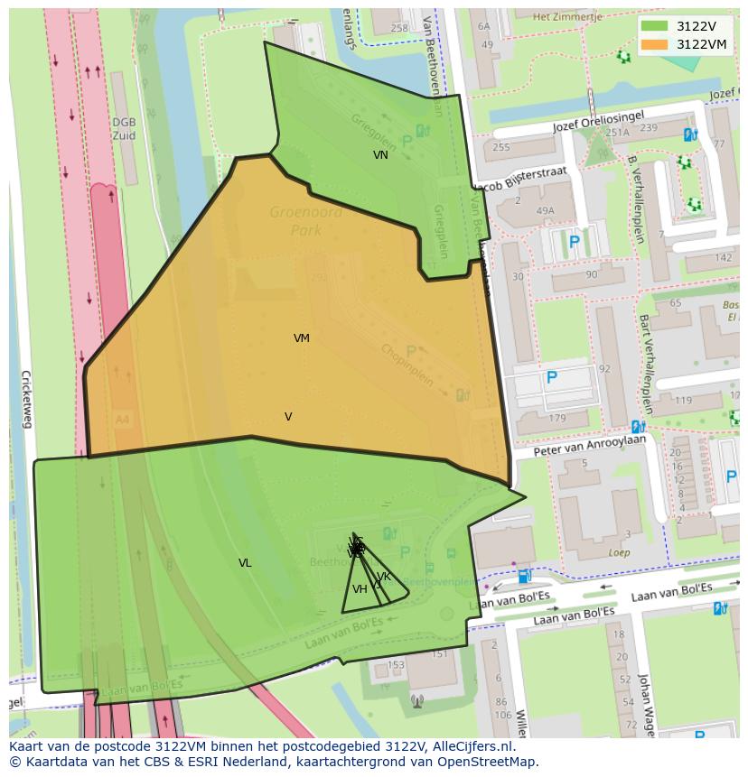 Afbeelding van het postcodegebied 3122 VM op de kaart.
