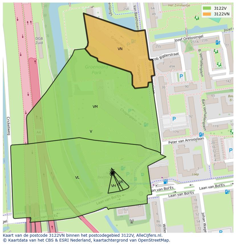 Afbeelding van het postcodegebied 3122 VN op de kaart.