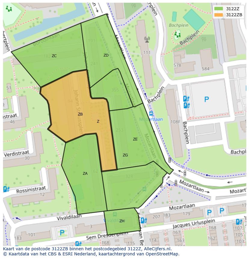 Afbeelding van het postcodegebied 3122 ZB op de kaart.