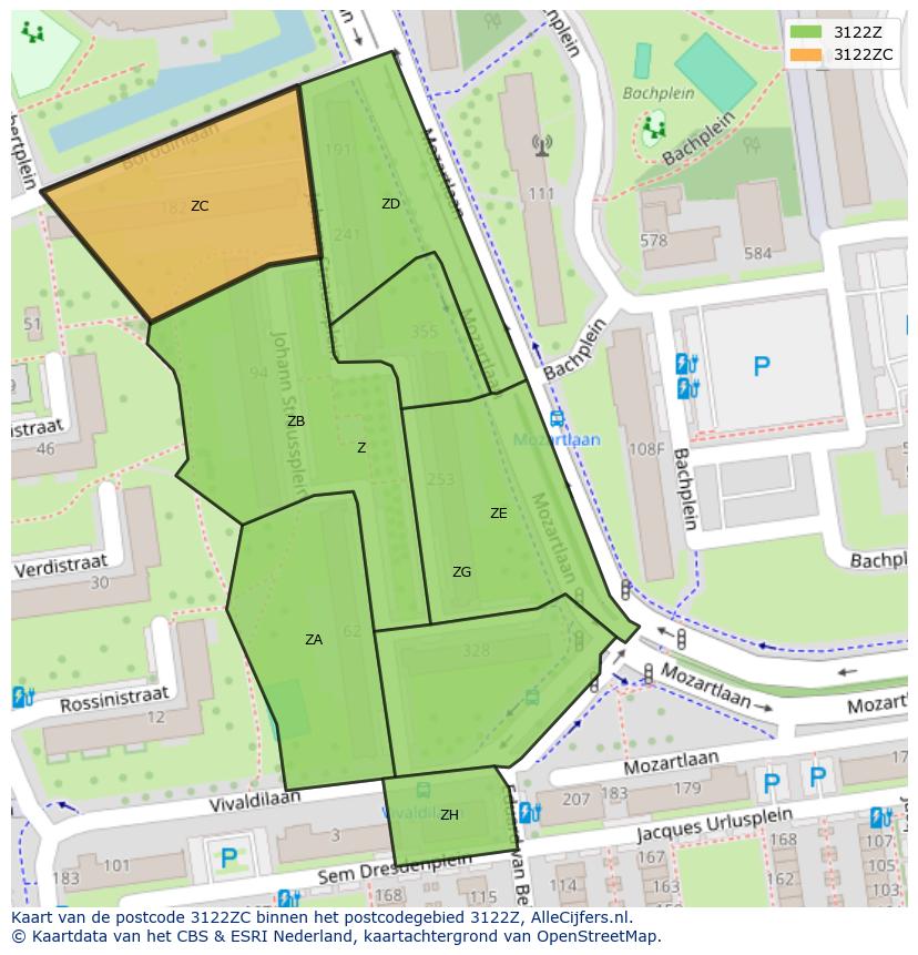 Afbeelding van het postcodegebied 3122 ZC op de kaart.