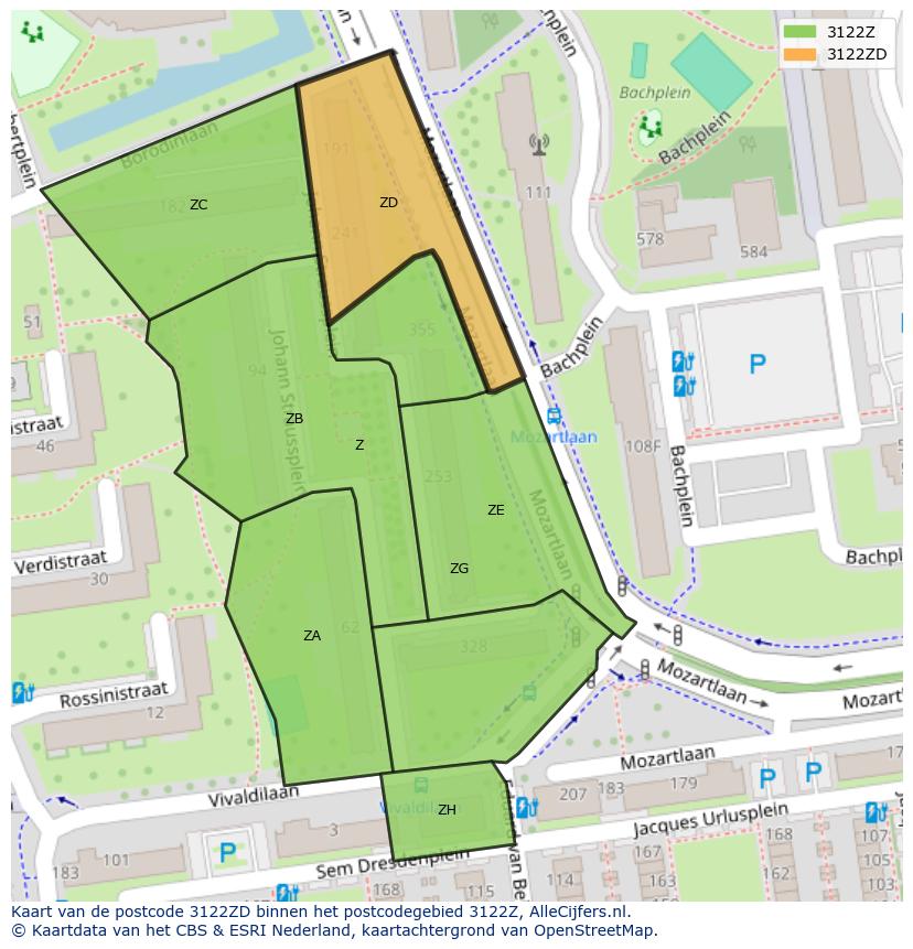 Afbeelding van het postcodegebied 3122 ZD op de kaart.