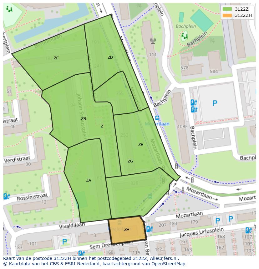 Afbeelding van het postcodegebied 3122 ZH op de kaart.