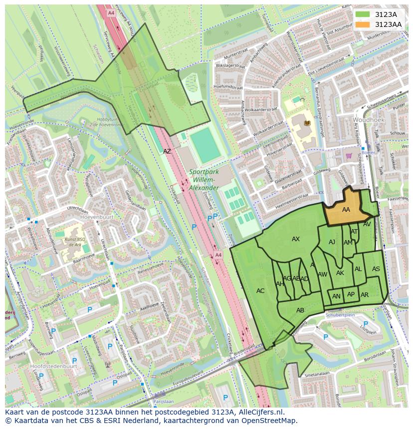 Afbeelding van het postcodegebied 3123 AA op de kaart.