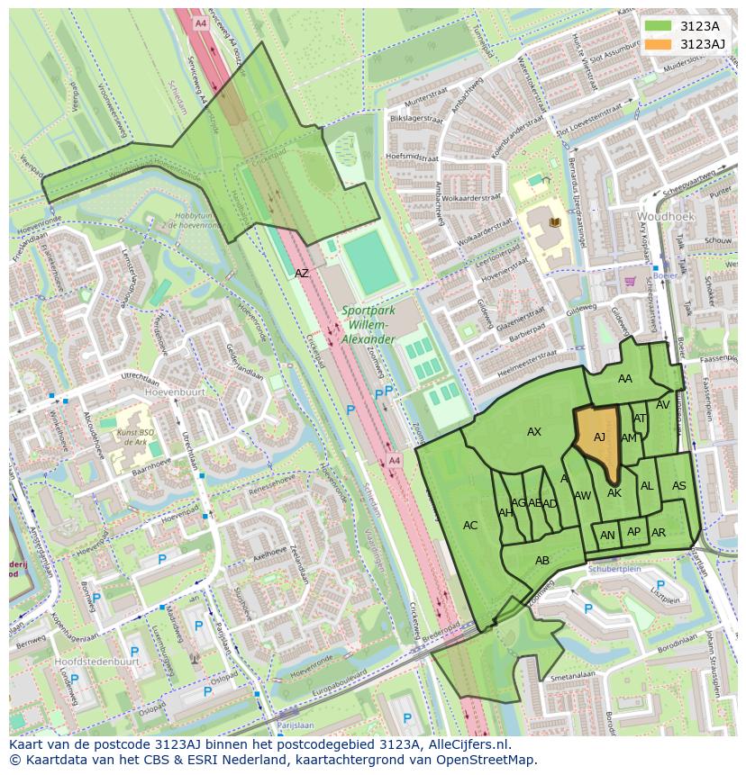 Afbeelding van het postcodegebied 3123 AJ op de kaart.