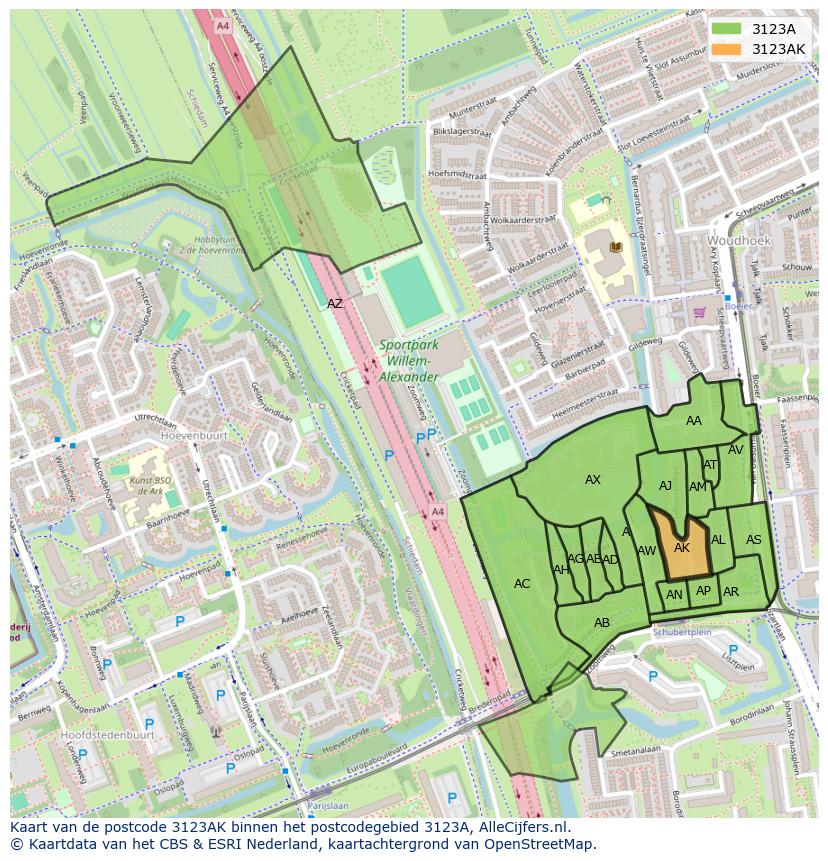Afbeelding van het postcodegebied 3123 AK op de kaart.