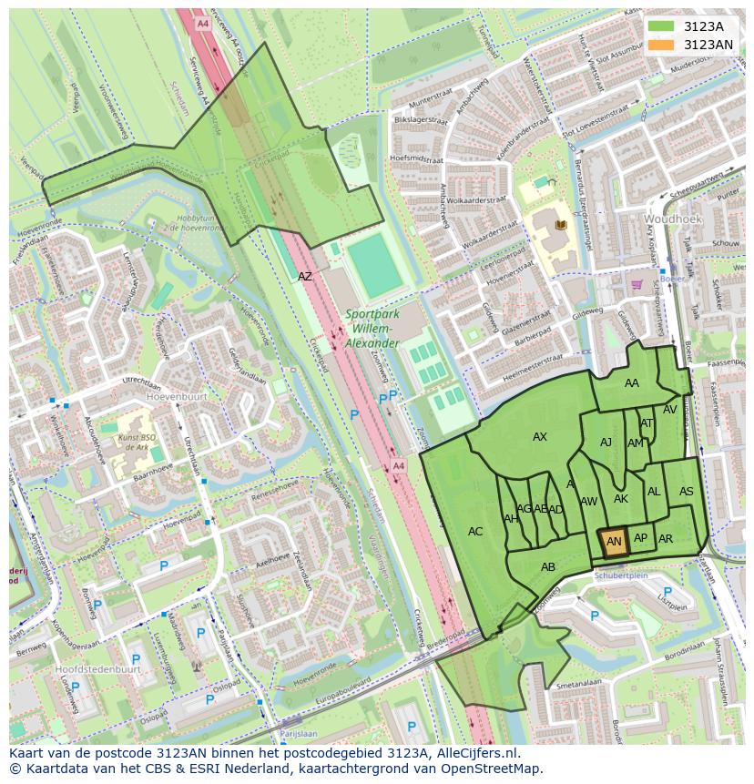 Afbeelding van het postcodegebied 3123 AN op de kaart.
