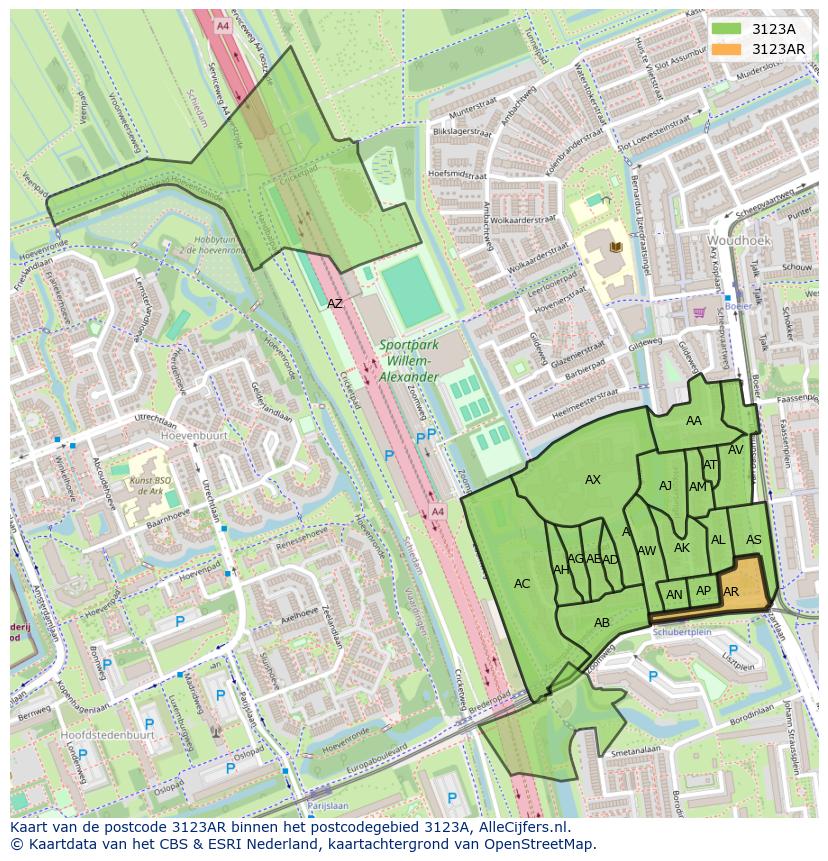 Afbeelding van het postcodegebied 3123 AR op de kaart.