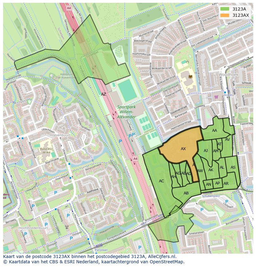 Afbeelding van het postcodegebied 3123 AX op de kaart.
