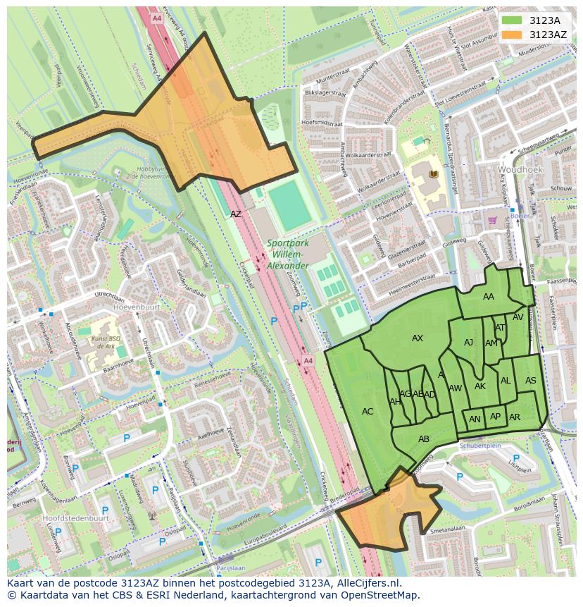Afbeelding van het postcodegebied 3123 AZ op de kaart.
