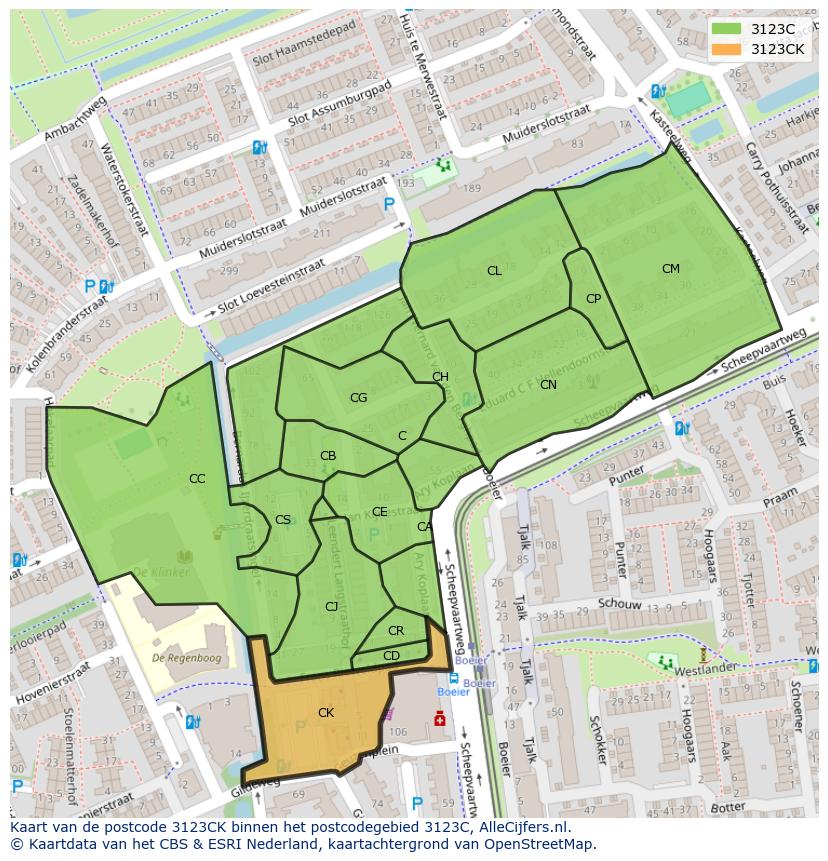 Afbeelding van het postcodegebied 3123 CK op de kaart.