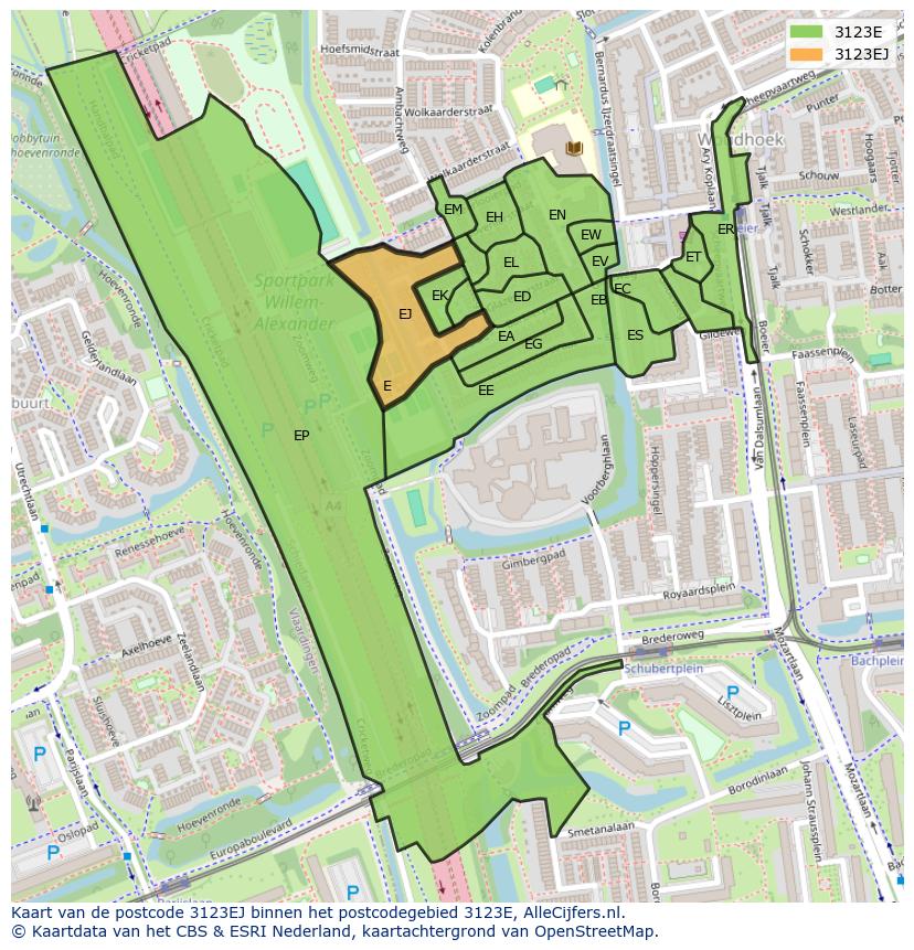 Afbeelding van het postcodegebied 3123 EJ op de kaart.