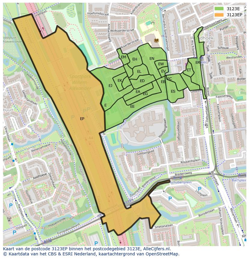 Afbeelding van het postcodegebied 3123 EP op de kaart.