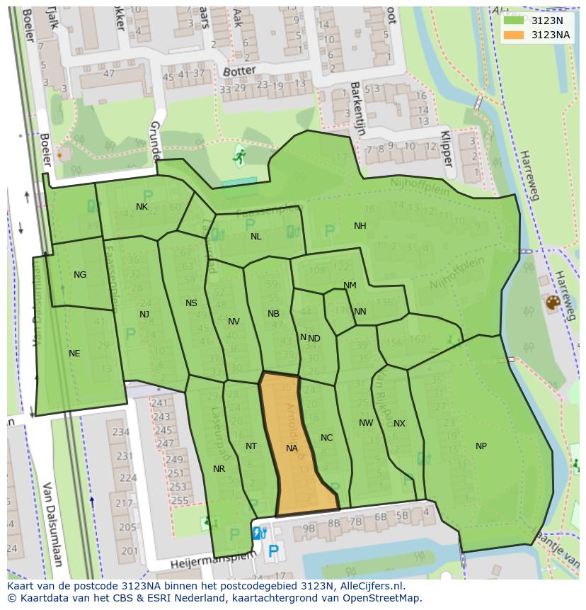 Afbeelding van het postcodegebied 3123 NA op de kaart.
